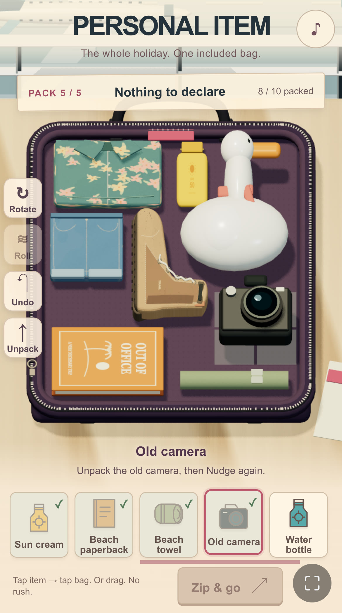 Eight belongings packed, with the old camera lifted and a hint asking to unpack it.
