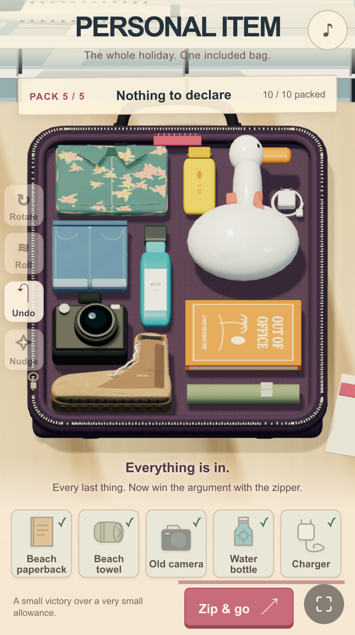 All ten belongings packed after rearranging the camera, shoe and book; the goose remains in the top right.