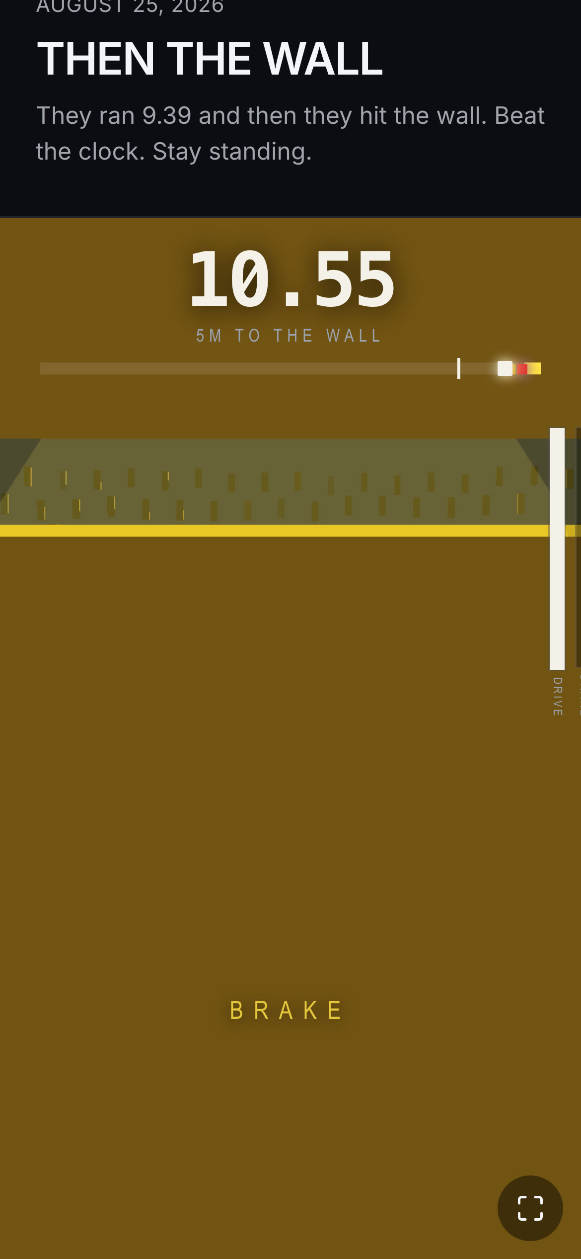 Portrait capture of THEN THE WALL at 5 meters to the wall: the entire game canvas is a flat olive rectangle, the clock reads 10.55, and BRAKE sits on nothing