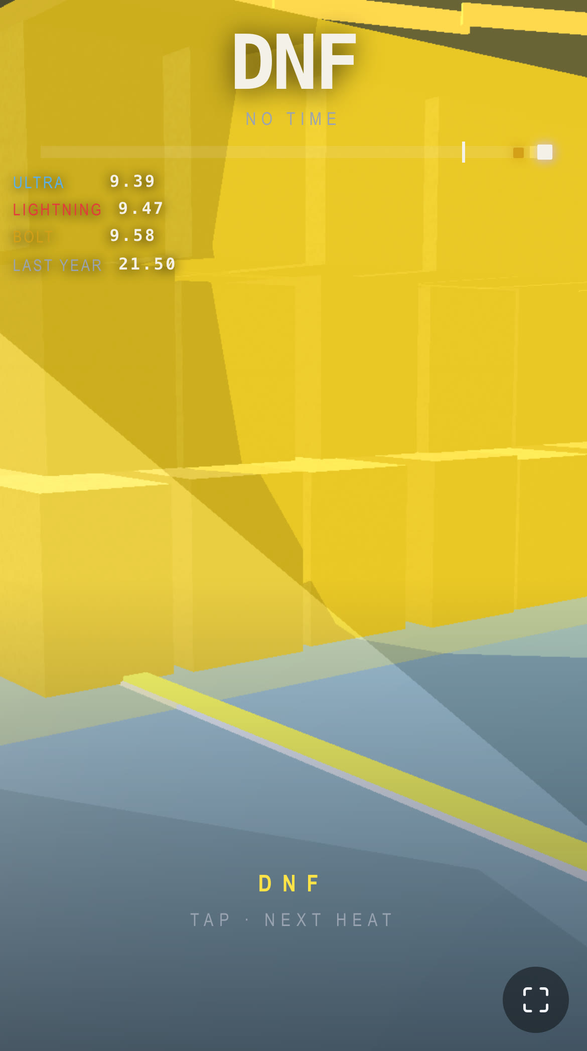 DNF camera clipped inside the yellow foam pads: stacked yellow cubes fill the frame, no athletes, overlay reads DNF NO TIME