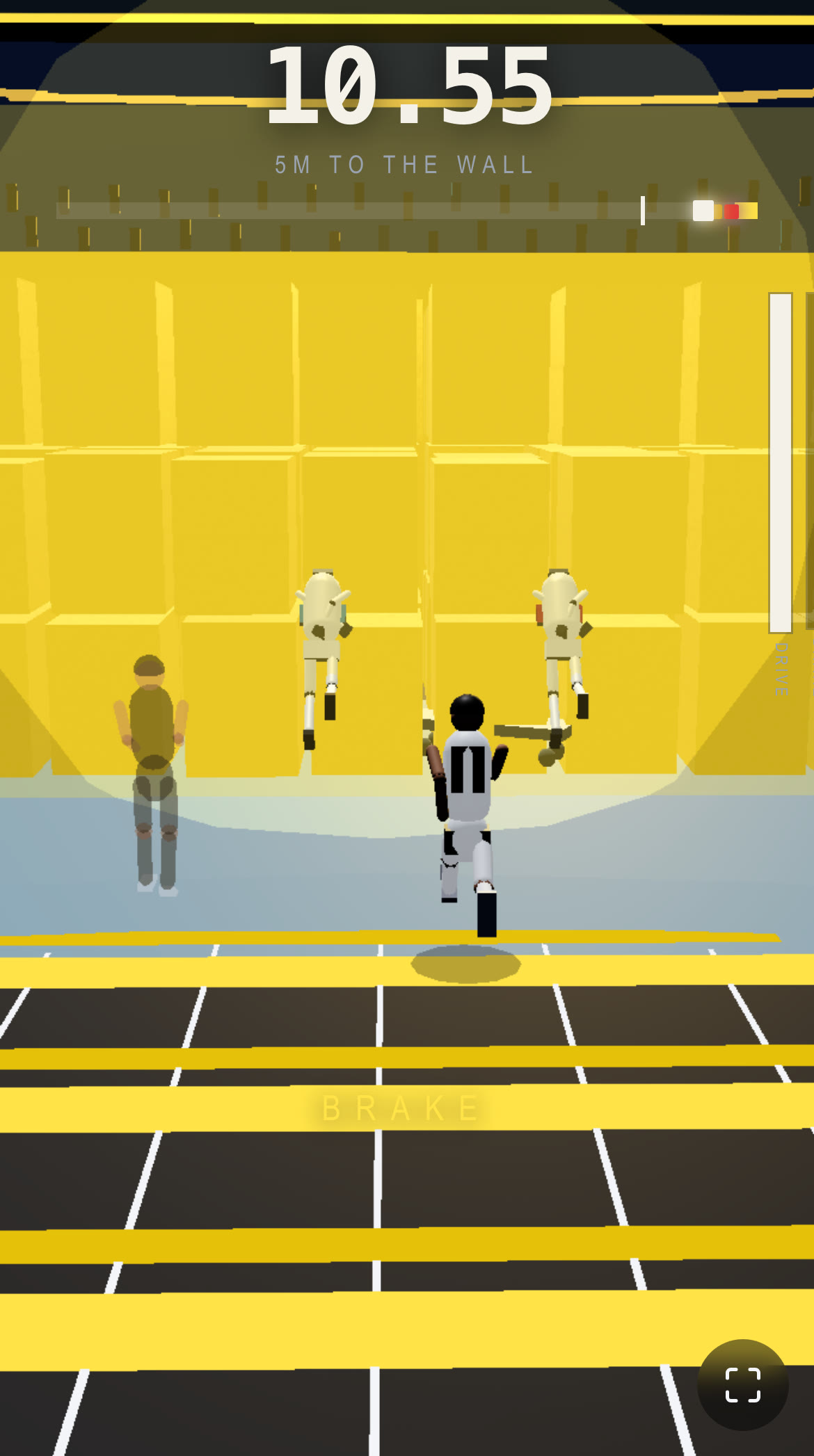 Five meters to the wall after the look-ahead cap: yellow pad face fills the chase, two white robots already in the foam, Bolt standing in lane 6, player number 11 still on his feet