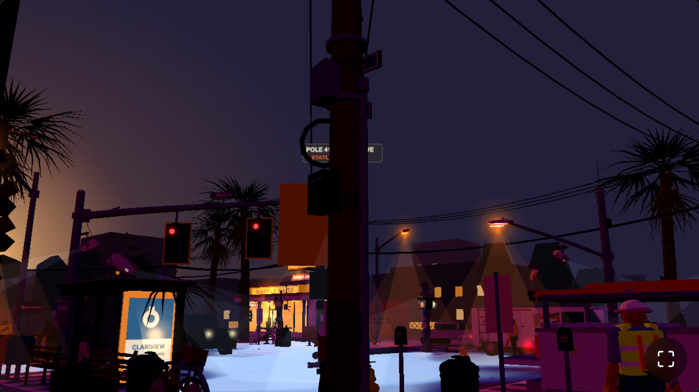 Street-level view of the corner with a flat featureless purple sky behind the palms and the Waffle Yard sign