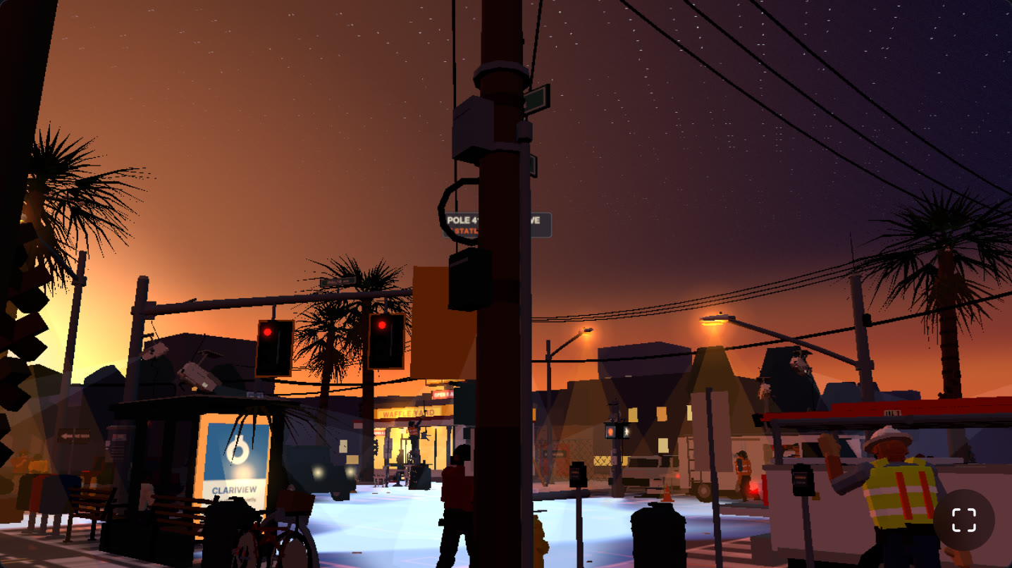 The same street-level view with the sky dome rendering: an orange sodium band on the horizon grading up through rose to violet-blue with stars