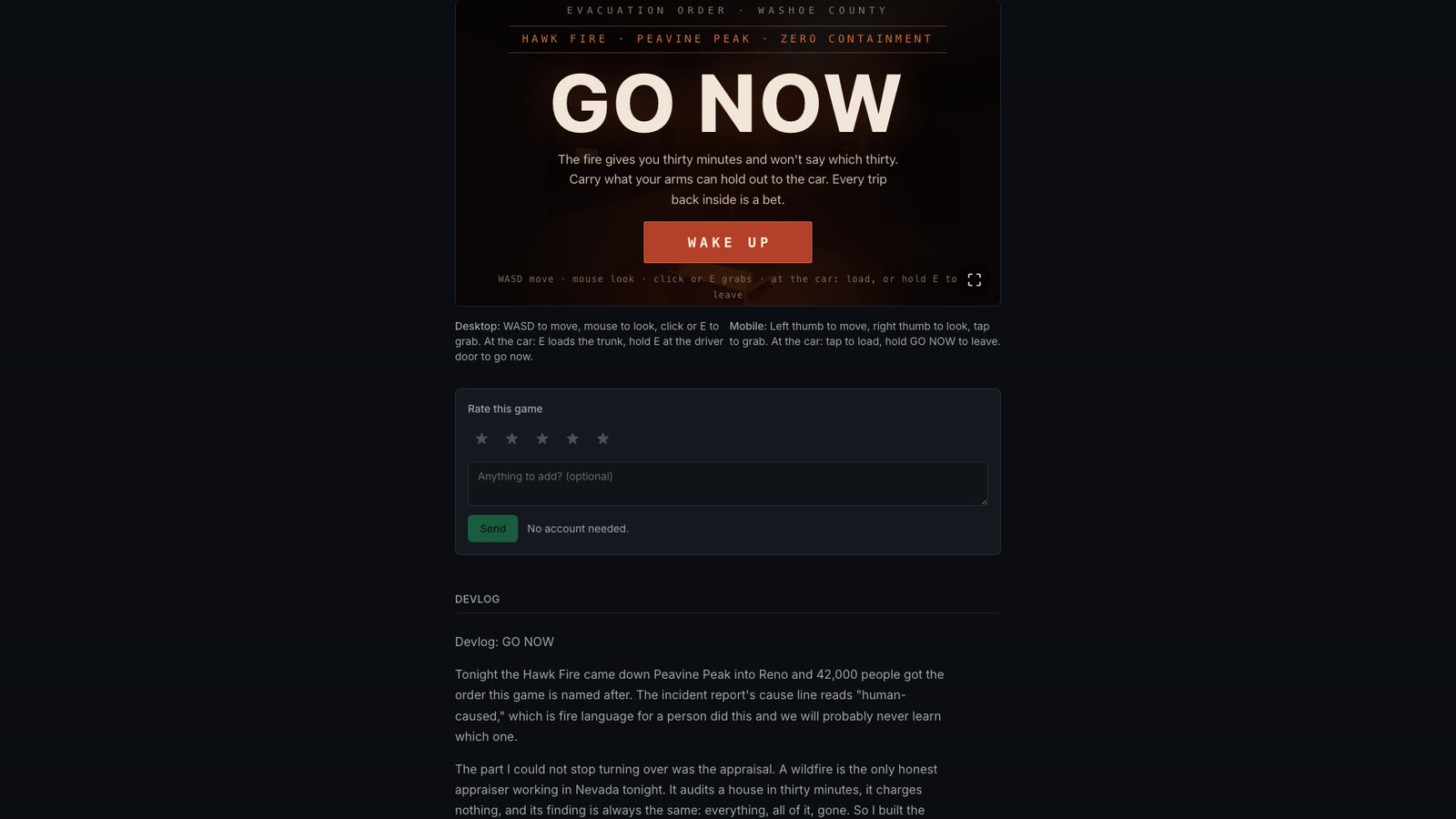 GO NOW on the site, the title card over a dark living room lit orange from the fire outside the window