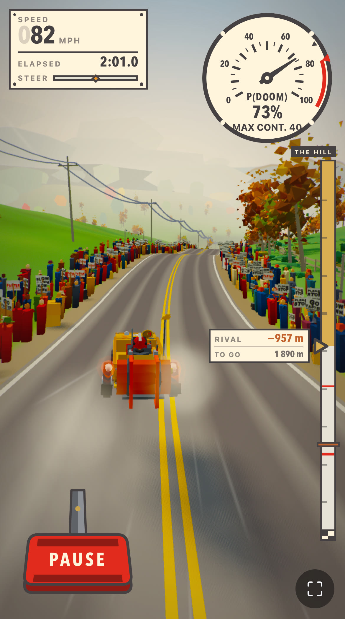 The game at 390px: a soapbox cart on a two-lane road that rises to a crest ahead, crowd pressed to both shoulders, a P(DOOM) dial reading 73 percent, and a single red foot pedal labelled PAUSE