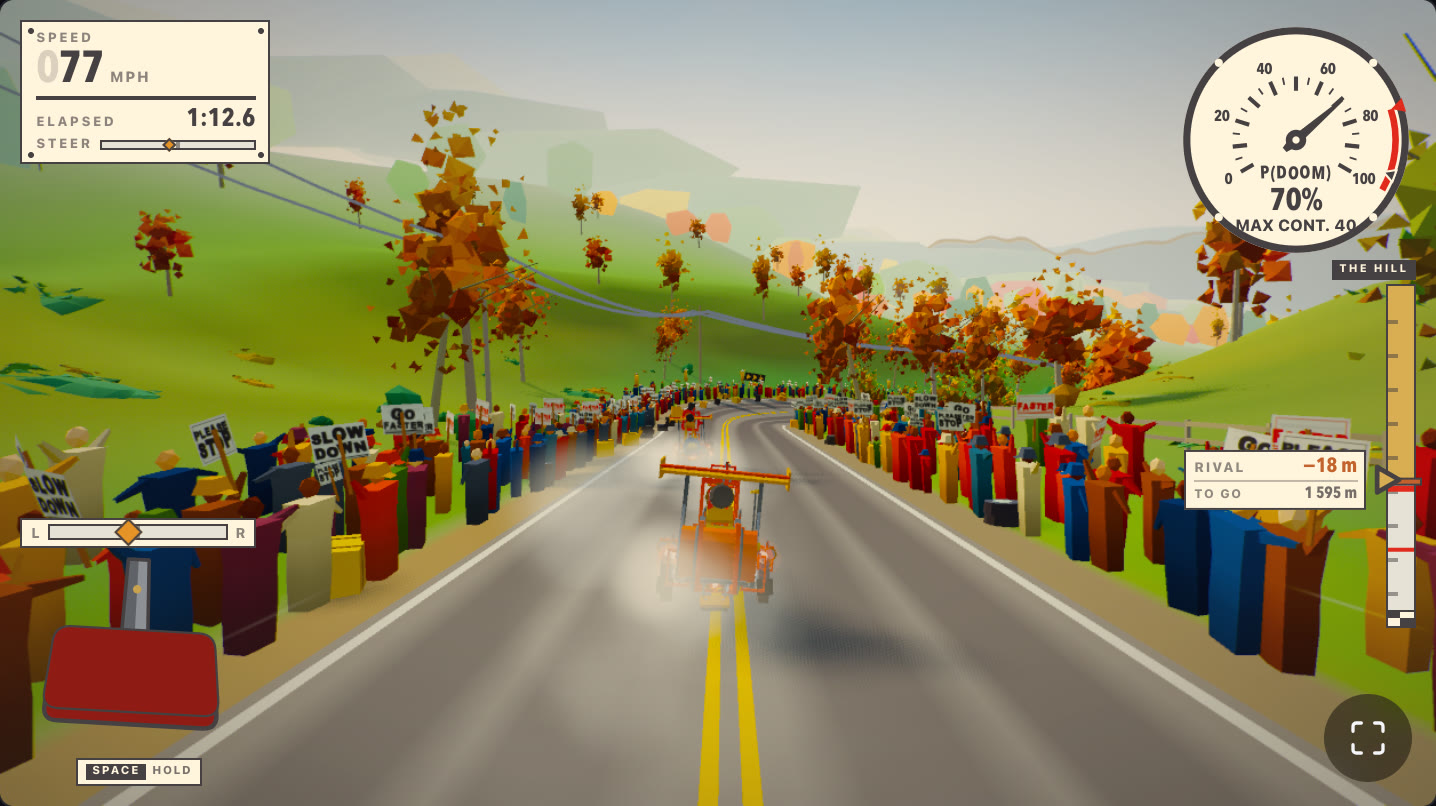 Desktop framing of the same hill: the road climbing away between four ranks of spectators holding SLOW DOWN and GO FASTER placards, autumn trees on the right, the rival 18 metres ahead