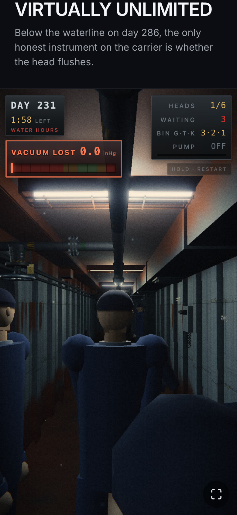 A dim ship's passage below decks, two fluorescent fixtures overhead, a queue of sailors in navy coveralls, the vacuum main running down the overhead, with a red VACUUM LOST alarm plate in the HUD