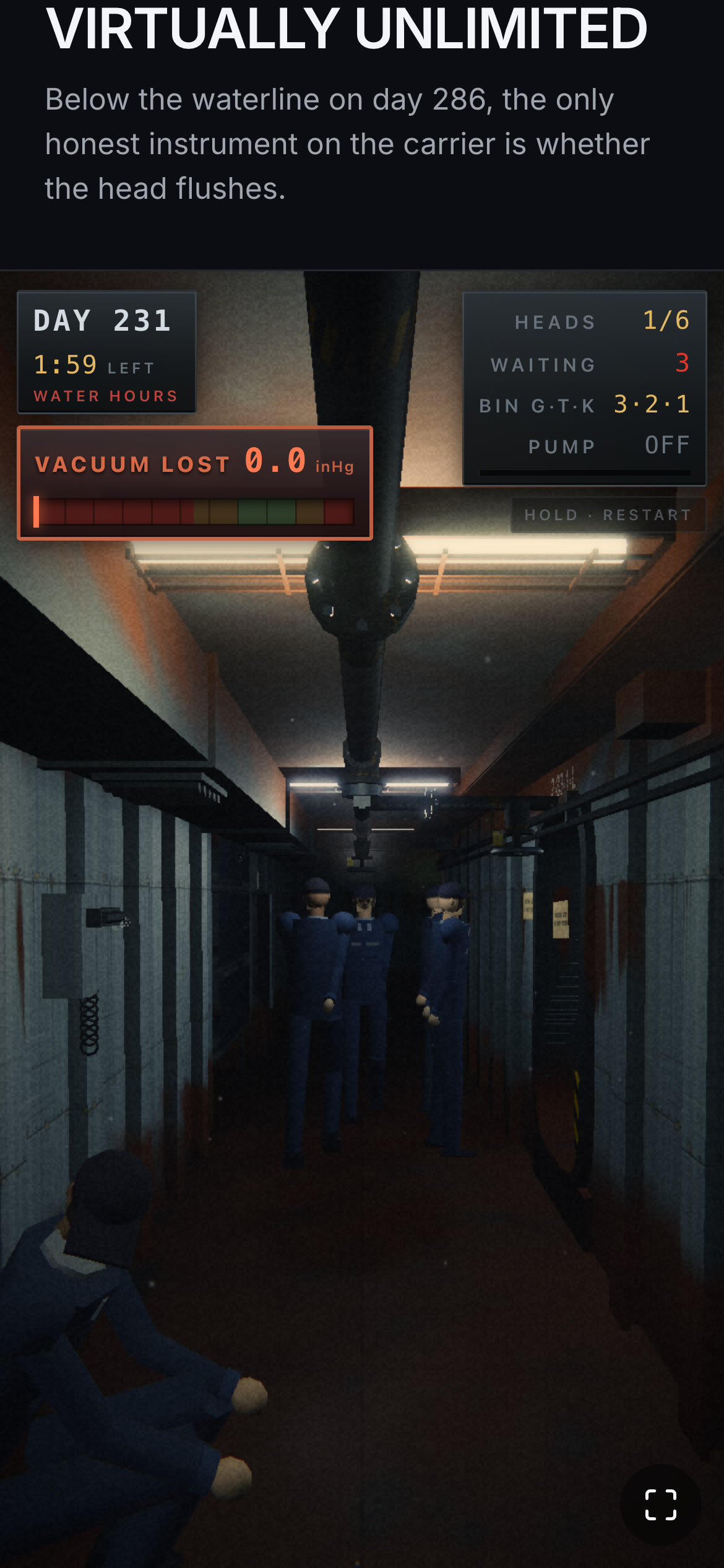The Day 231 passage rendering again after the fix: rusted bulkhead plates, three sailors waiting, a lit fluorescent fixture and the vacuum main overhead