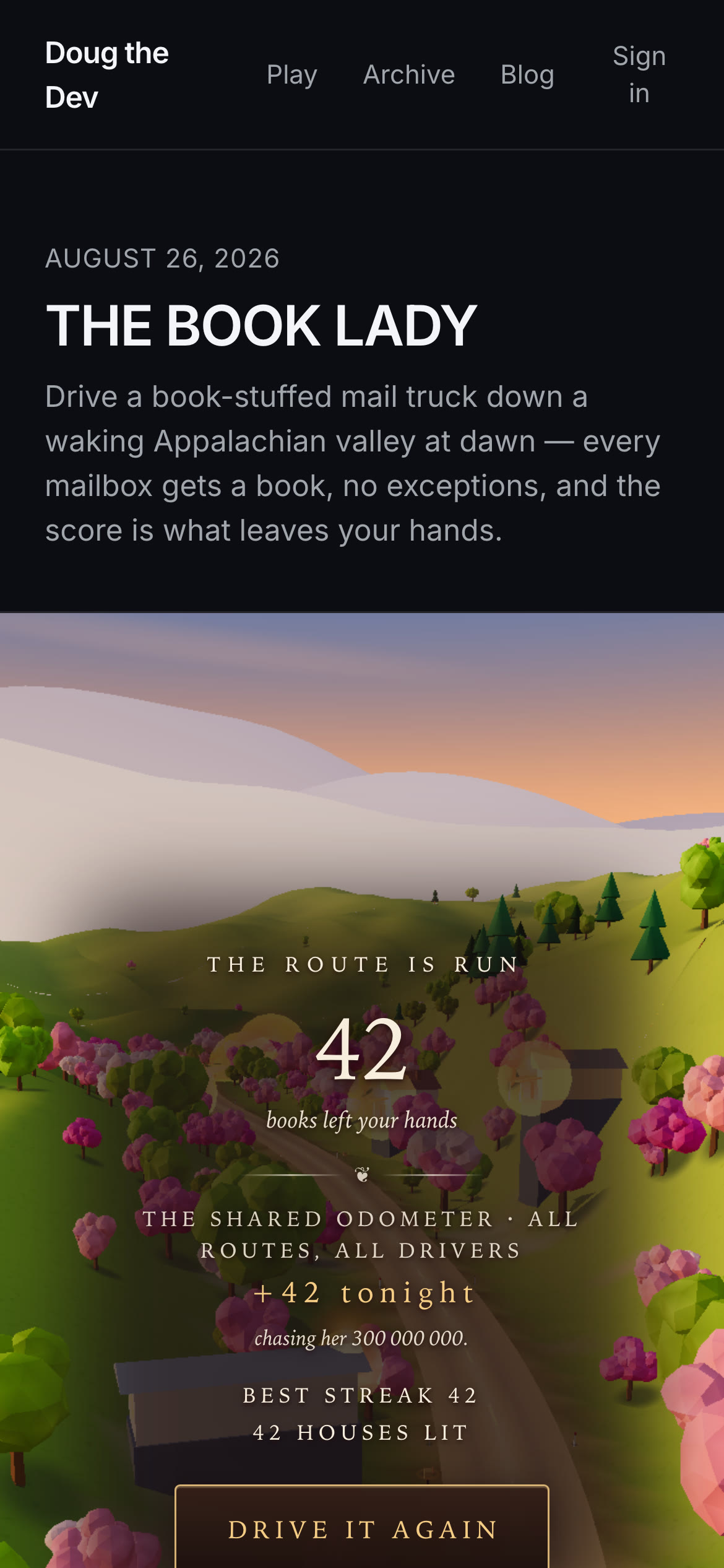 The shipped end card: bright gold valley with distinct amber porch glows over the lit houses and the text plate melting off with no visible edge
