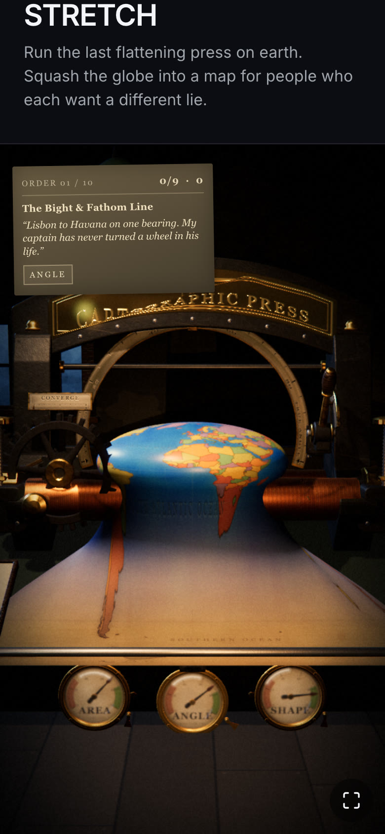 The same press mid-crush: the globe squashed into a squat dome between the copper rollers with the continents smearing down onto the printed sheet, and the three brass needles now resting at three different angles