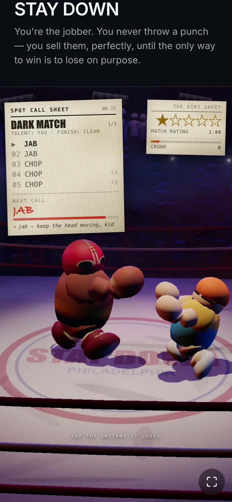 STAY DOWN in portrait before the fix: the wrestlers are in the lower half of the frame and the only timing information on screen is a thin red bar inside the call sheet in the top-left corner