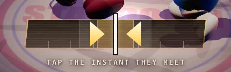Close-up of the impact gate: two gold blades closing on a white centre tick, with a wider amber band and a narrow gold band straddling the tick, and the caption TAP THE INSTANT THEY MEET