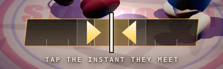 Close-up of the impact gate: two gold blades closing on a white centre tick, with a wider amber band and a narrow gold band straddling the tick, and the caption TAP THE INSTANT THEY MEET