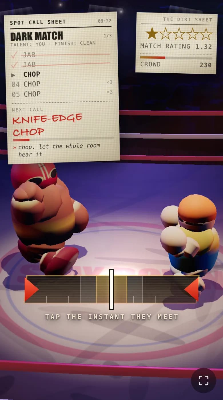 STAY DOWN in portrait after the fix: the impact gate is drawn on the mat directly under the two wrestlers, blades wide open at the start of a chop windup