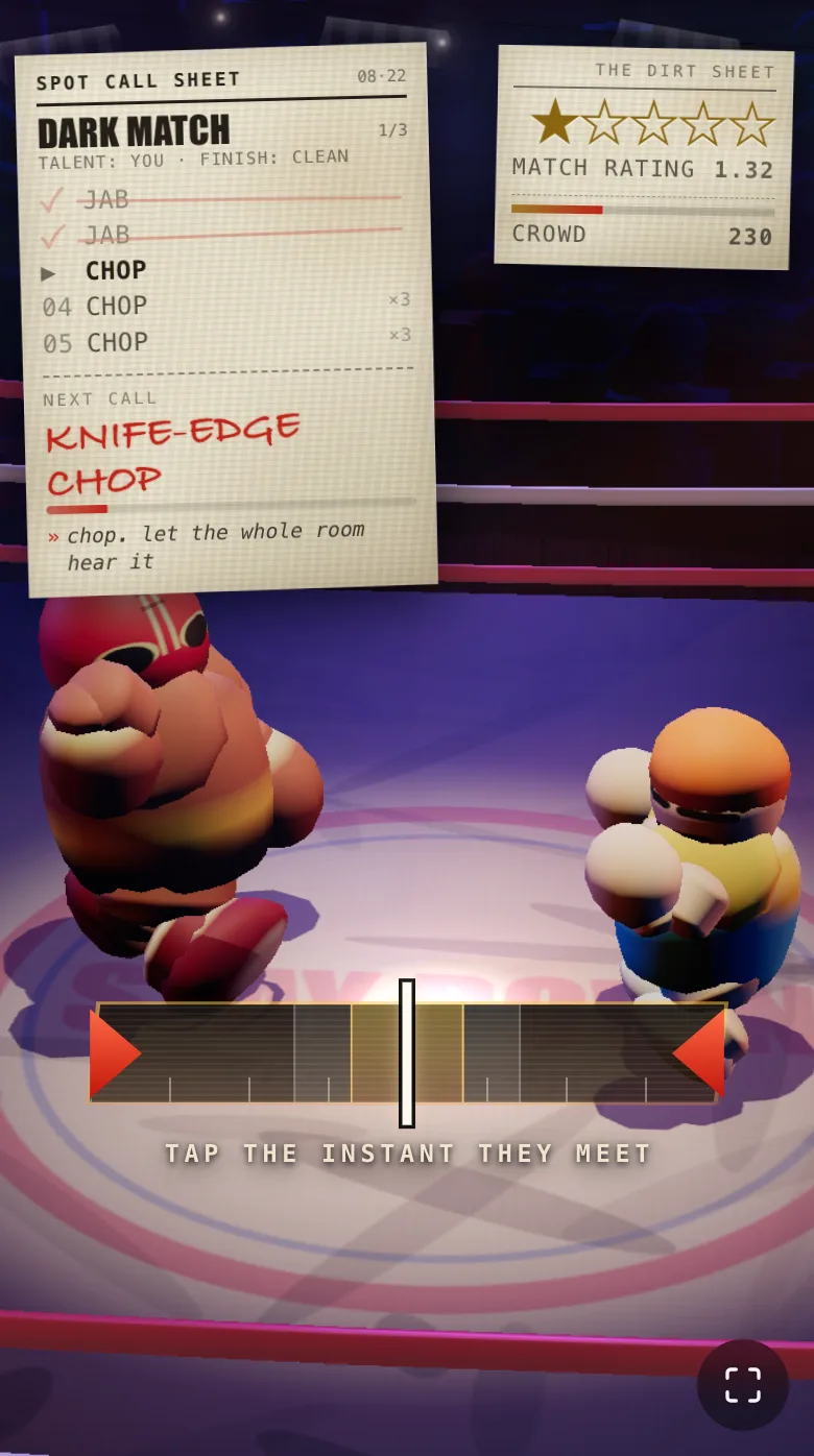 STAY DOWN in portrait after the fix: the impact gate is drawn on the mat directly under the two wrestlers, blades wide open at the start of a chop windup