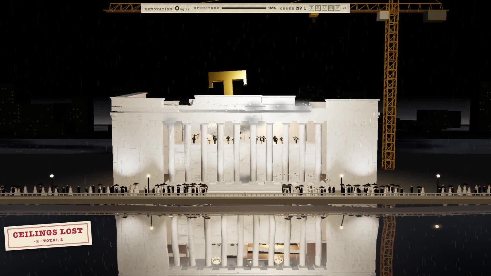 THE NAME GOES ON: a bus-sized gold T sunk into the roof of a floodlit white marble theater, roof slabs shoved aside around it, the whole building doubled in a black river, a work-order strip across the top reading RENOVATION 0 SQ FT