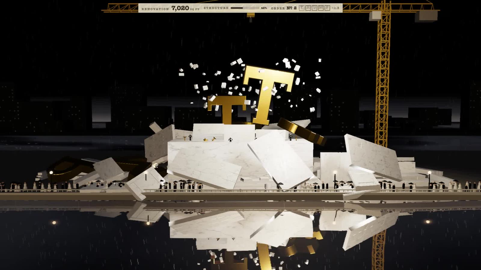 Work order two: a larger gold T tumbling onto a heap of broken marble slabs with a cloud of white chips in the air, the stage house standing in the middle of the rubble with the orchestra still on it, the crane above and the river below