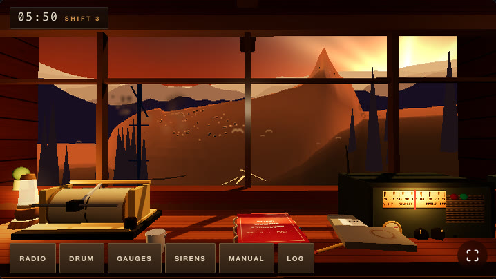 The duty post at dawn: a warm valley through the window, hard-edged black rectangles scattered across the far slope, and a seismograph drum with completely blank paper