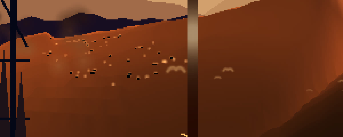 Four-times zoom on the far slope showing pure black boxes sitting among warm orange lamp points