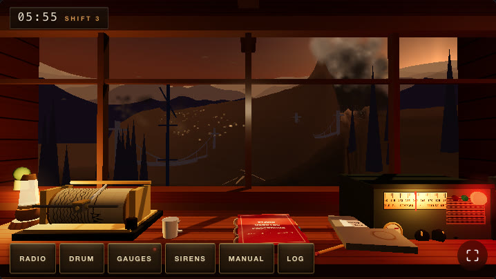 The same seat five minutes later: the light has gone cold and grey, a dust plume rises over the gorge, and a red fault lamp burns on the radio set