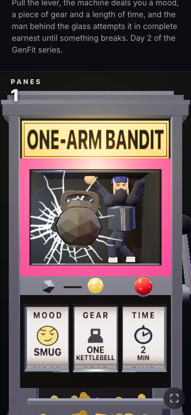 The probe's own screenshot four seconds into a run it is playing at random: the cabinet at 390 pixels wide, ONE-ARM BANDIT lit across the marquee, a kettlebell punched through the display window with the crack web radiating past it, and the reels below reading SMUG, ONE KETTLEBELL, 2 MIN