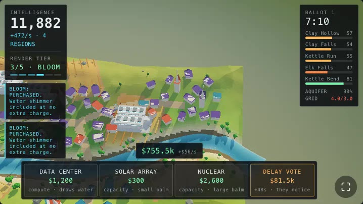 A low-poly county map floating as a flat slab in an empty olive-green field of colour, with game HUD panels around it