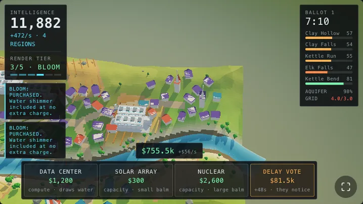 A low-poly county map floating as a flat slab in an empty olive-green field of colour, with game HUD panels around it