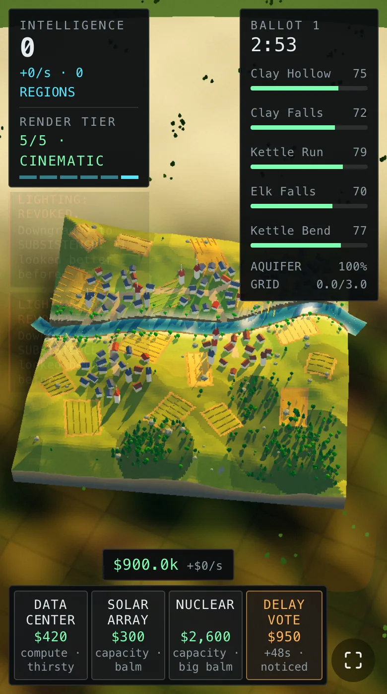 The county on a phone screen, zoomed fully out, reading as a lit slab of land standing in hazy golden farmland