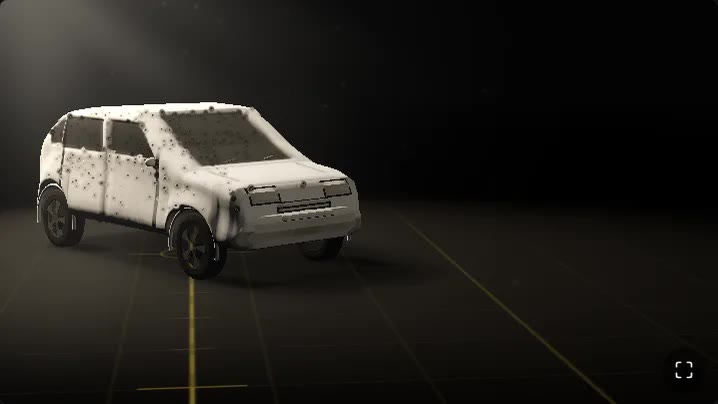 The white chalk cast of a hatchback standing in a pool of light on a ruled dark floor, seen from thirteen metres off the front passenger corner