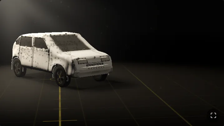 The white chalk cast of a hatchback standing in a pool of light on a ruled dark floor, seen from thirteen metres off the front passenger corner