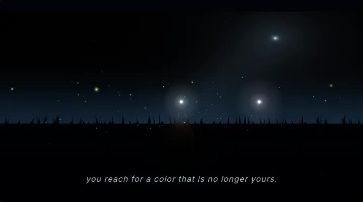 The game canvas on the first pass: two firefly sprites in a dark blue meadow, both rendering as flat cool-white dots with grey halos