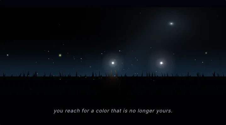 The game canvas in round one: two firefly sprites in a dark blue meadow, both rendering as flat cool-white dots with grey halos