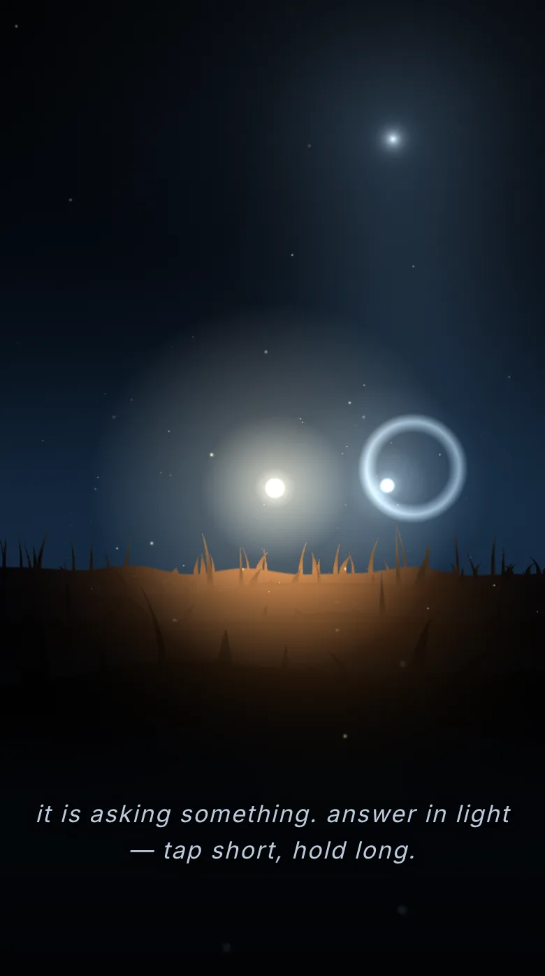 Round three on an iPhone frame: the player's halo is a large neutral grey dome against the blue sky, while the light pool it casts on the ground directly beneath is strongly orange