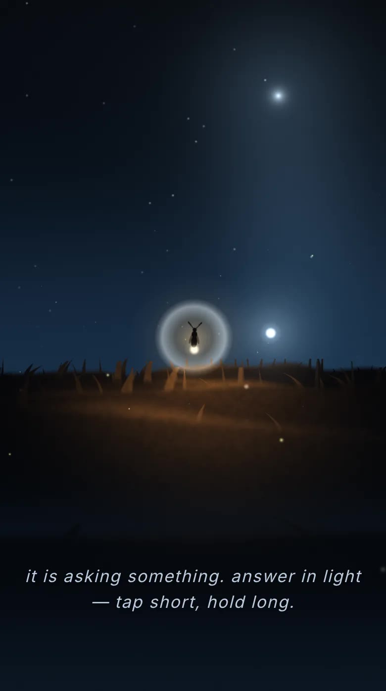 The shipped build, same beat and same device: a tight warm ember with a dark firefly body and antennae visible inside its halo, over a warm ground pool