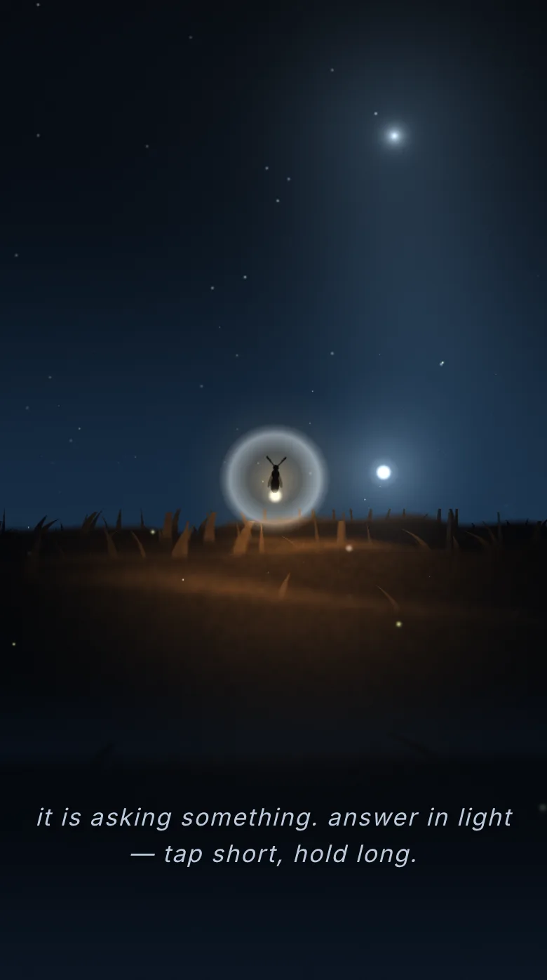 Round nine, same beat and same device: a tight warm ember with a dark firefly body and antennae visible inside its halo, over a warm ground pool