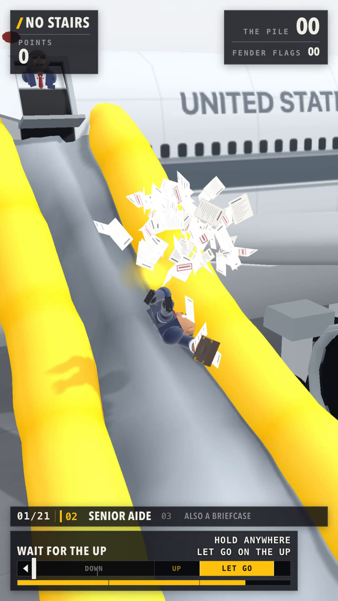 NO STAIRS mid-descent: a man in a navy suit tumbling down the slide's grey lane in a storm of classified paper, with the swing meter at the bottom reading WAIT FOR THE UP and the needle parked in the DOWN half of the track