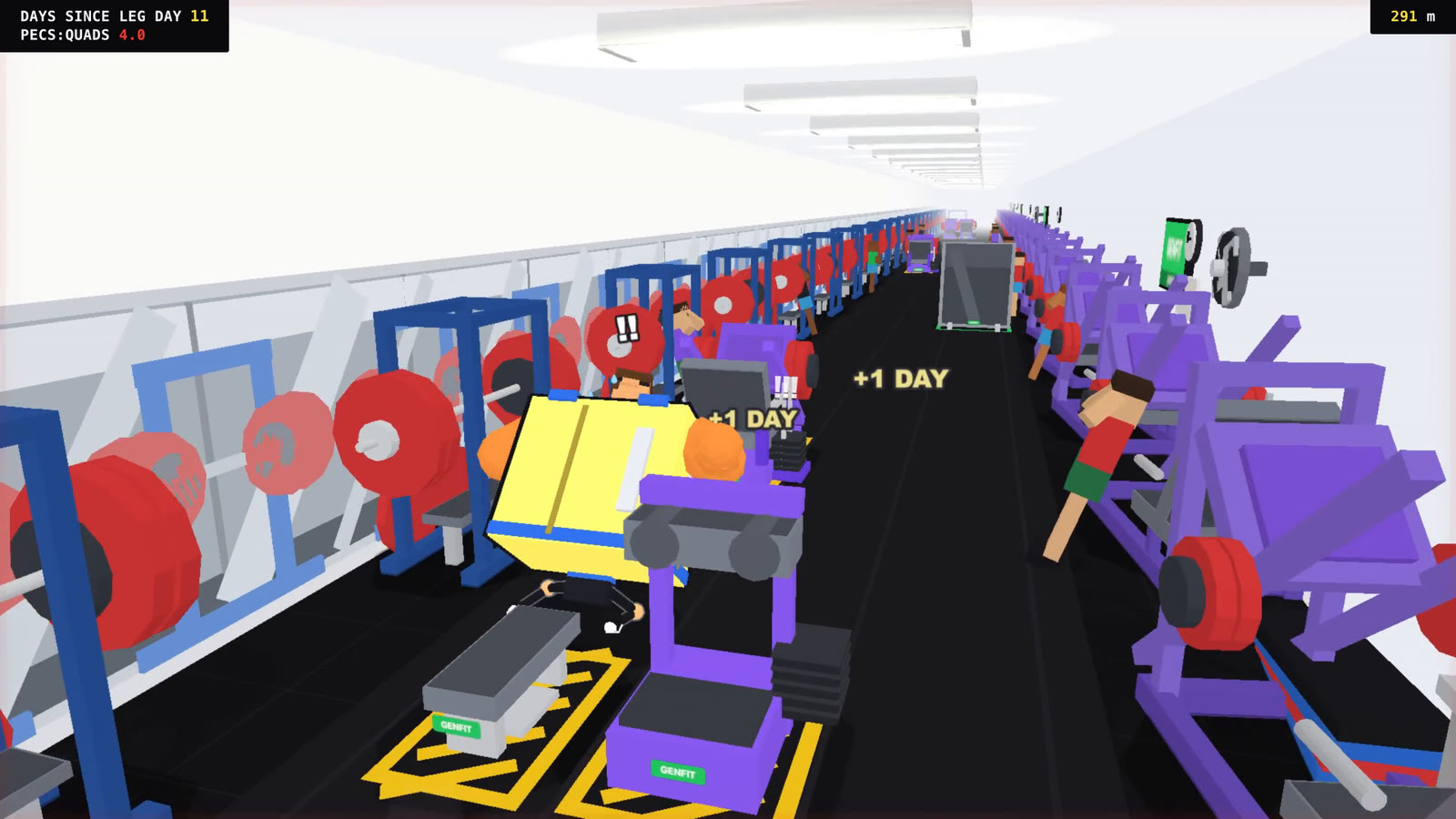 SKIP DAY at the moment of impact: a gym bro with a yellow refrigerator for a torso and two black drinking-straw legs face-planting into a purple leg press, +1 DAY floating over the aisle, a bystander in green watching from the right, the HUD reading DAYS SINCE LEG DAY 11 and PECS:QUADS 4.0