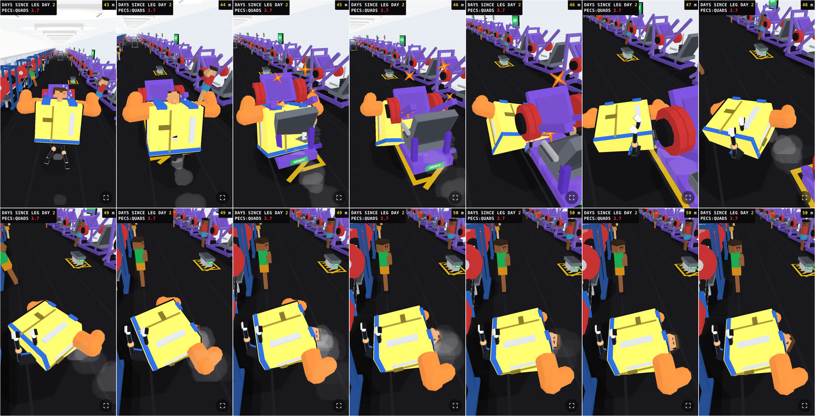A phone filmstrip of one run: the fridge on straws sprinting, the topple, the face-plant into the leg press, the slide, and the body settling face down with white socks pointing at the ceiling